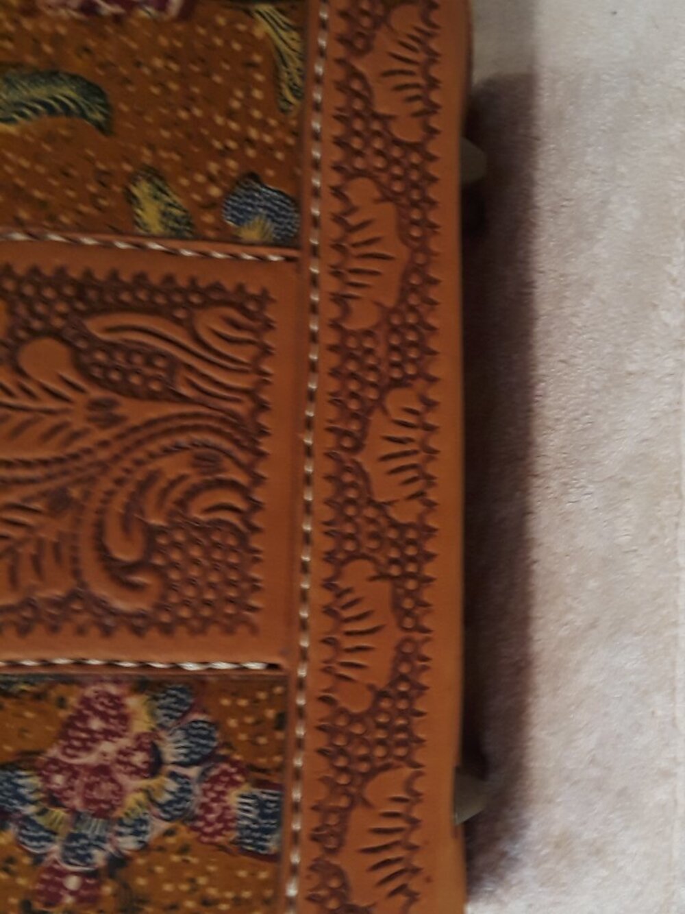 Shoulder Bag Leather Hand Tooled/Painted Floral Suede Lined Boho Vintage Tote - Picture 12 of 16